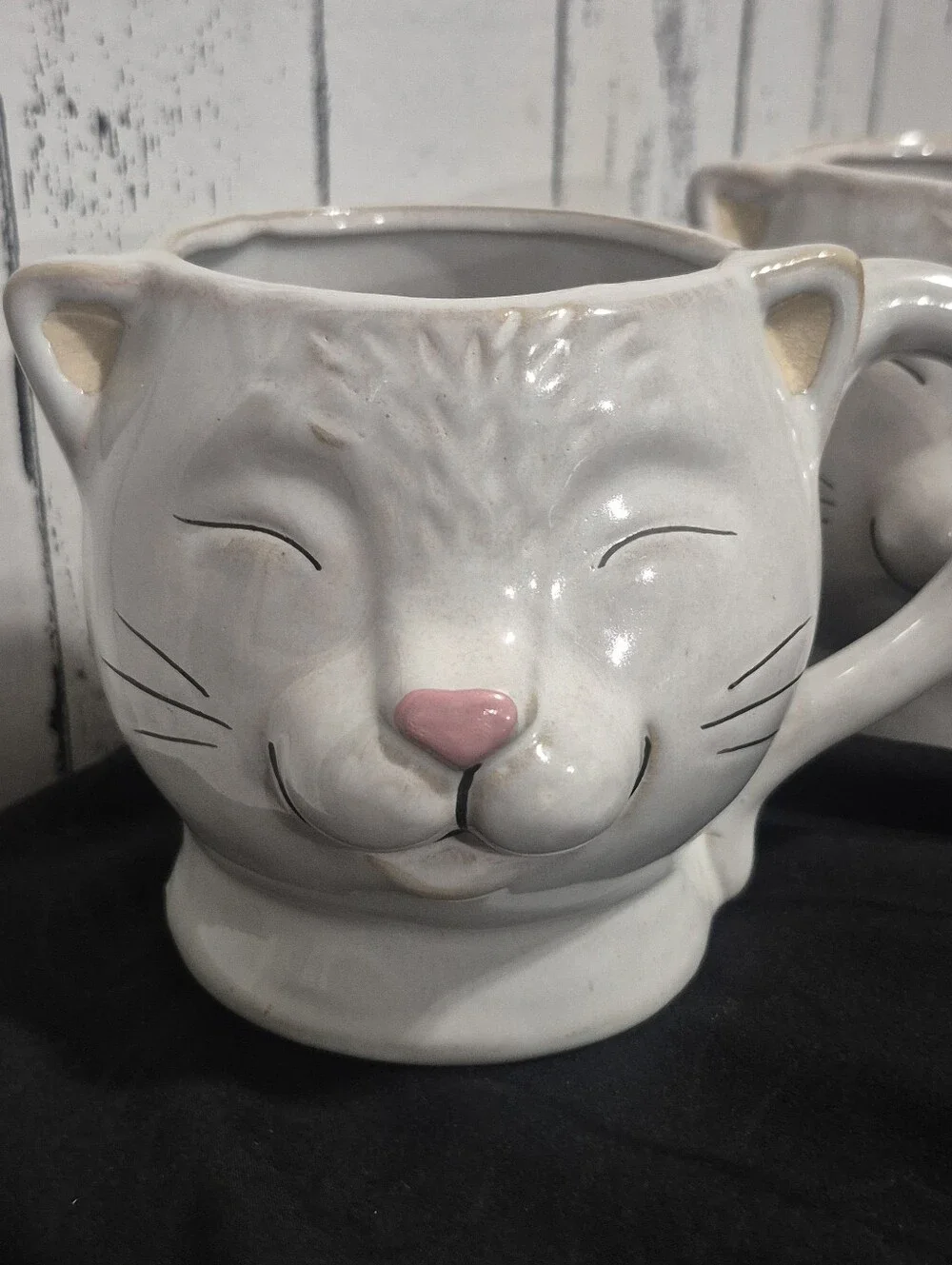 Boston Warehouse Trading Company Stoneware Cat Face Mugs - White with Pink Nose